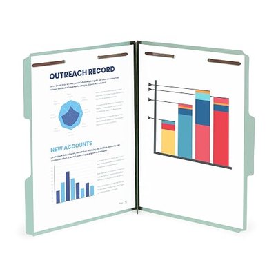 Blue Summit Supplies 25 Pressboard Fastener Folders, Letter 2", Gray Green | Heavy-duty 25pt pressboard, 2 in expansion, 1/3 top tab, embedded fasteners, for reports, files, and records