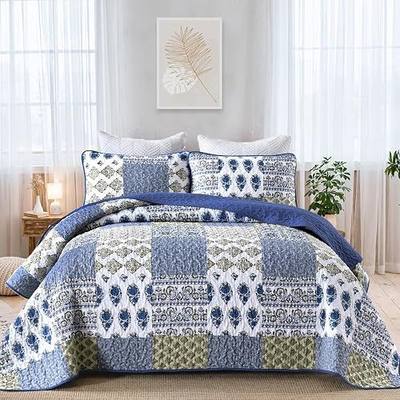 Mybedsoul Blue Quilt Set King Size 3 Pieces Boho Plaid Aqua Blue Floral Bedspread Set Microfiber Lightweight Bohemian Bedding Set for All Season (1 Quilt + 2 Pillow Shams) 90"x104"