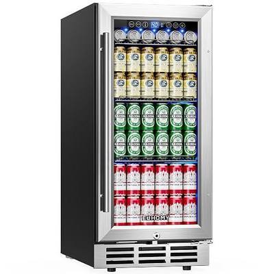 EUHOMY 15 Inch Beverage Refrigerator Cooler Under Counter 127 Cans Beverage Fridge Built-in or Freestanding with Glass Door, LED Light, Beer Fridge for Soda, Water, Wine - Home Kitchen Bar.
