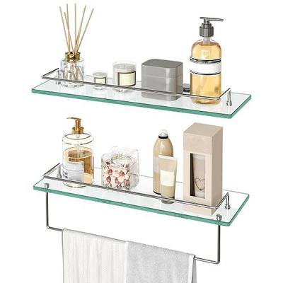 HOOBRO Glass Shelves for Bathroom, 15.7 Inch Floating Glass Shelf for Wall, Set of 2 Tempered Stainless Steel Wall Mounted Stand for Toilet, Room Decor, Silver SV02BJ01