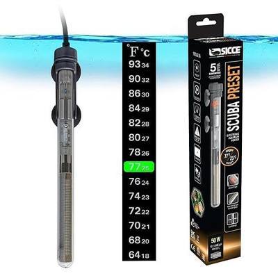 Sicce Scuba 50 Watt Aquarium Fish Tank Heater Preset at 77℉ for Up to 15 Gallons | 50W Submersible for Marine Saltwater and Freshwater | Run Dry Protection