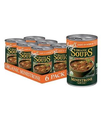 Amy’s Soup, Vegan Minestrone, Light in Sodium, Made With Organic Vegetables, Beans and Pasta in Tomato Broth, Canned Soup, 14.1 Oz (6 Pack)