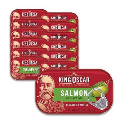 King Oscar Premium Skinless & Boneless Atlantic Salmon in Olive Oil, 4.05 oz Cans, Pack of 12, Tinned Salmon