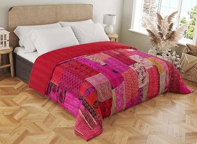Marubhumi Handmade Cotton Quilts Kantha Blanket Indian Silk Sari Patchwork Quilts (Pink, Queen (90"x 108"))