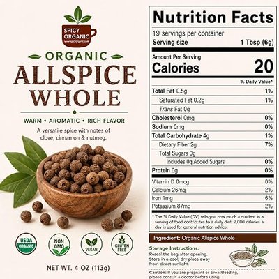 SPICY ORGANIC Pure Organic Allspice Berries Whole 4 oz. – Certified USDA Organic - Premium Pimento Seeds and Peppers for Baked Goods, Pickles, Marinades, Stews, and Sauces.