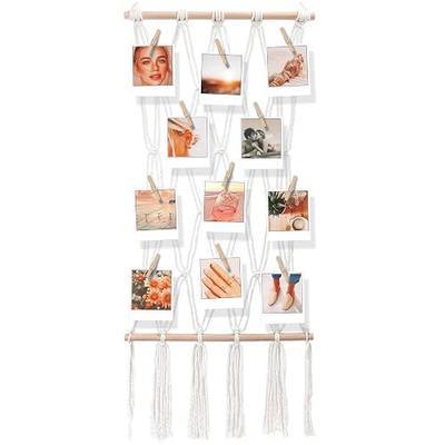 Hanging Photo Display Macrame Wall Boho Decor with Clips - Sculptural Picture Frames Collage Card Holder for Bedroom - 20 Clips - 1 Non-Trace Hook - No Holes Drilling - 33 x 15 inch