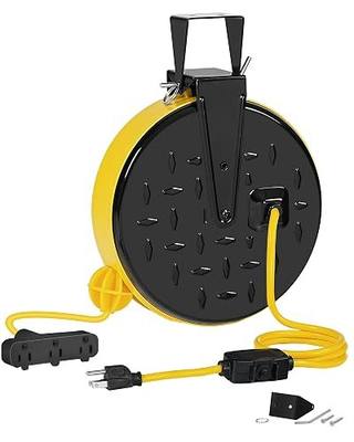 30 Ft Retractable Extension Cord Reel, 16/3 Gauge SJTW Power Cord with 3 Electrical Outlets Pigtail for Garage and Shop, 10 Amp Circuit Breaker, Metal Plate, UL Listed, Yellow Y30CR06