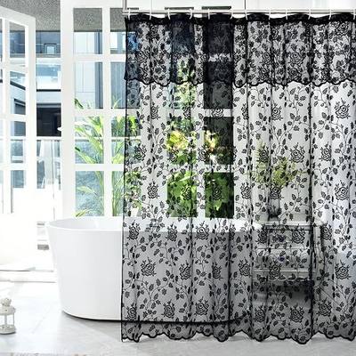 Black Lace Shower Curtain with Attached Valance, 72 x 72 Inch, 1 Panel | Reinforced Holes Top, Vintage Gothic, Dramatic Bathroom Accent, Soft Light Diffusion, Moody Farmhouse Decor, Subtle Privacy