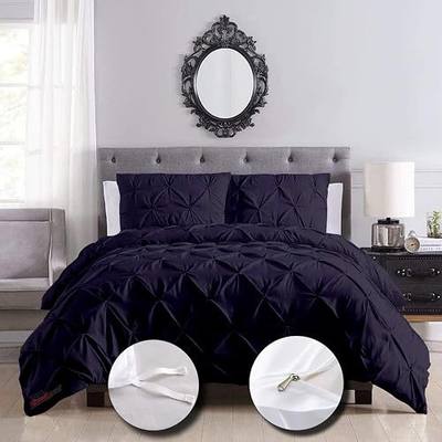 eBeddy Linens Pinch Pleated Pintuck Duvet Cover Set Queen Size 90x90 Inch 100% Cotton Soft and Breathable 3 Pieces (1 Duvet Cover & 2 Pillow Shams) Corner Ties & Zipper Closure, Navy Blue