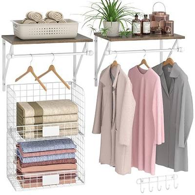 DAOUTIME 2 Set Laundry Room Wall Mounted Shelves With Wire Storage Baskets, Over Washer and Dryer With Hanging Rods and Hooks, for Organization and Storage, White, Wooden