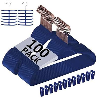 VECELO Premium Velvet Clothes Hangers Suit Heavy Duty (100 Pack)-Non Slip & Space-Saving with 12 Finger Clips & 2Tie Rack Excellent for Men and Women,Blue