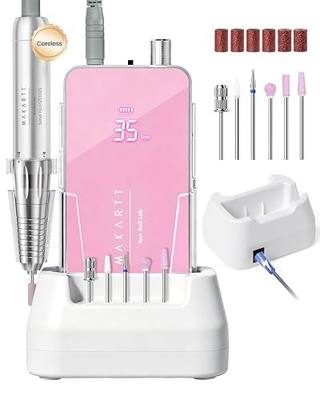 Makartt Professional Nail Drill for Nail Techs: 35000RPM E-File, Pink | 60W Coreless Motor, Stepless Speed, 2-in-1 Desktop & Portable, 14H Battery, F&R, Quiet, Fast Acrylic Removal, Salon Home Use