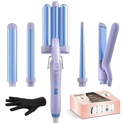 Professional Wand Curling Iron-5 in 1 Curling Wand Set with Hair Straightener, 3 Barrels Hair Crimper, 3 Curling Irons (0.35 "-1.25"), 2 Temps Fast Heat Hair Waver Curler with Clips-Blue