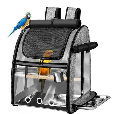Bird Carrier Bag with Indestructible Stainless Steel Mesh, Bird Travel Cage with Stand, Easy to Clean Backpack for Parrot, Portable Bird Travel Bag, Grey