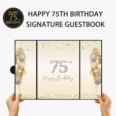 DARUNAXY Black Gold Happy 75th Birthday Alternative Signature Guest Book | 75th Birthday Party Decorations for Men Women Cheers to 75 Years Old Gifts 75 Birthday Signing Card Board Party Supplies