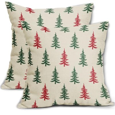 Christmas Tree Pillow Covers 16x16 Set of 2 Dark Red Xmas Tree Rustic Style Winter Decorative Outdoor Pillowcases Farmhouse Vintage Holiday Decorations Throw Cushion Case Decor for Couch Sofa Bed