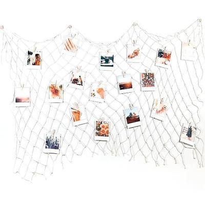 Hanging Photo Display Fishnet Wall Boho Décor with Clips - Sculptural Picture Frames Collage - 20 Clips - 4 Non-Trace Hooks - No Holes Drilling - 40 x 35 inch