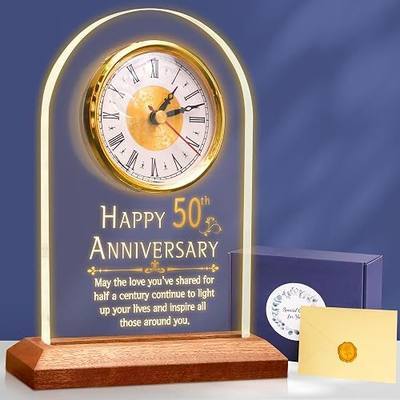 OkiyiD 50th Anniversary Wedding Gift, Anniversary Quartz Clock, Desk Table Clock, 50 Years of Marriage, Golden Wedding for Couple, Parents, Grandparents (Wooden Base with LED Light)