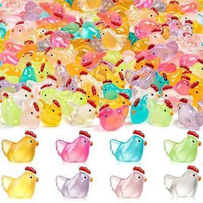 64PCS Luminous Mini Resin Chicken Figurines 8 Colors Tiny Chickens | Miniature Chickens Animals Figurines Glow in The Dark, Micro Landscape DIY, Home Outdoor Party Decor