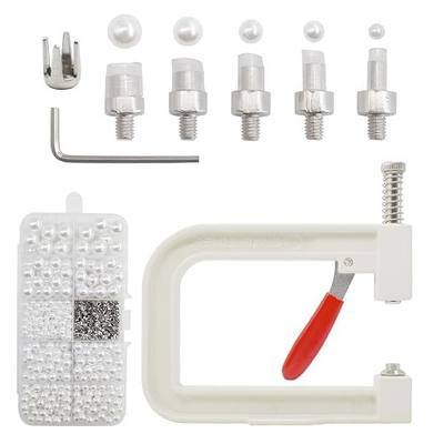 Pearl Setting Machine Hand Press Tools with 5 Size of Round White Pearl Beads Rivet Studs for Decorating Clothes, Dresses, Bag, Hair Band or DIY Crafts