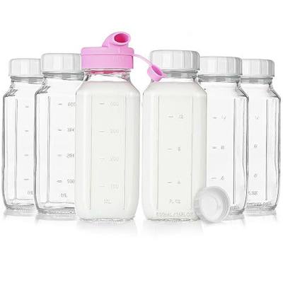 Sovietiep 6 Pack 16 Oz Breast Milk Storage Bottles, Glass Bottles with Lids | Square Measured Glass Bottles With Silicone Caps & Scale Marks For Juicing, 500ML, Reusable, Fridge-Safe, Dishwasher Safe