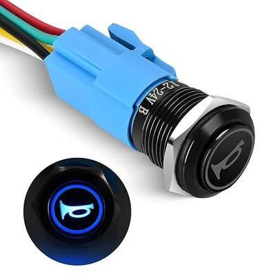 Nilight 16MM Raised Speaker Horn Momentary Push Button Switch 12V Blue Led Light Stainless Steel Shell SPDT with Pre-Wiring Socket Switch 180mm Wiring Harness for Car Modification,2 Years Warranty