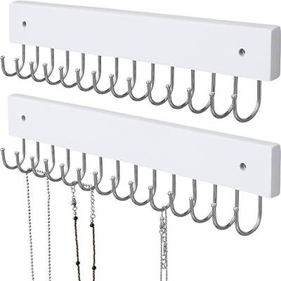 SCUNDA Hanging Jewelry Organizer Wall Mounted, Modern Jewelry Display with 28 Hooks, Decorative Necklace Holder for Wall, Space Saving Necklace Hooks, (2 Packs, White)