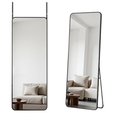 Antok Over The Door Mirror Full Length, 49'' x 14''Wall Mounted Hanging Mirror, Aluminum Alloy Frame, Shatterproof Glass, No Drill Installation for Bedroom, Closet, Bathroom, Dorm, Round Corner,Black