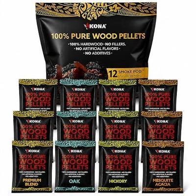 Kona Wood Pellet Smoke Pods, 12 Pouches - Intended for Ninja Woodfire | 12 sealed single-session pods, 4 flavors: Oak, Hickory, Mesquite Acacia, Premium Blend, for Ninja Woodfire grills