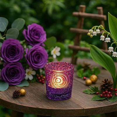 Purple Sun Moon Stars Glass Tealight Holders, 6 Pack | Patented Embossed Design, Elegant Candlelight Decor, For Tealights or Mini Candles, Multiple Color Options