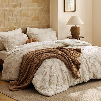 Bedsure Queen Size Comforter Set Beige, Boho Tufted Bed Set, Checkered Farmhouse-Style Distressed Vintage Bedding, 3 Pieces, 1 Plaid Geometric Comforter and 2 Pillow Shams
