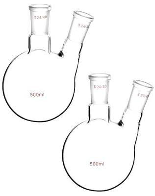 QWORK 500ml Glass 2-Neck Round Bottom Flask with 24/40 Center and Side Standard Taper Outer Joint, 2 Pack