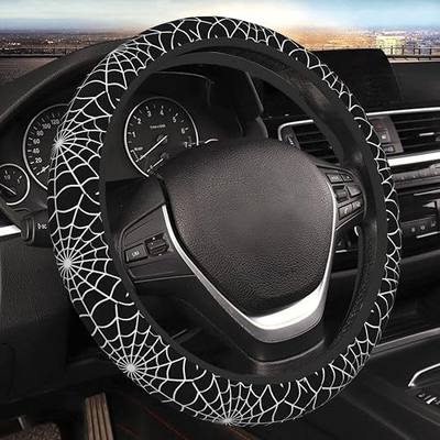 Elastic Spider Web Car Steering Wheel Cover Protector Upgrade Thicken,Halloween Black,Anti Slip Stretchy Soft Car Interior Decor Accessories for Diverse Cars Truck SUV for Men Women Universal 15 Inch