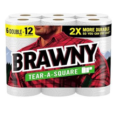 Brawny Tear-A-Square Paper Towels, 6 Double Rolls = 12 Regular Rolls, 3 Sheet Sizes (Quarter, Half, Full), Strength for All Messes, Cleanups, and Meal Prep
