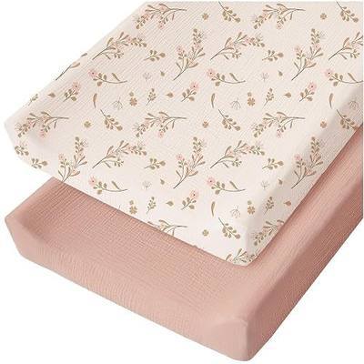 Konssy 2 Pack Muslin Changing Pad Covers for Baby Girls Boys, 32"x16" | 100% Cotton, Soft & Breathable, Fitted Diaper Changing Table Sheets, Full Elastic Fit, Floral & Solid Designs (Floral,Pink)