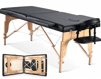 CHRUN Portable Massage Table 24" Wide Lash Bed, 2-Fold Wooden Massage Bed with Carrying Bag, Height Adjustable Spa Facial Tattoo Table with Face Cradle, 496 lbs Capacity, Black