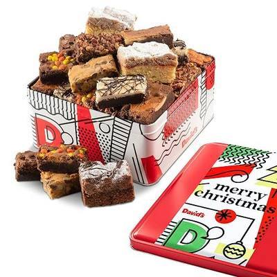 David's Cookies Merry Christmas Assorted Brownies & Crumb Cake Gift Tin 16pcs - Delicious, Fresh Baked Snacks, Gourmet Chocolate Fudge Slices, Brownies, Ideal Gift for Christmas Holidays