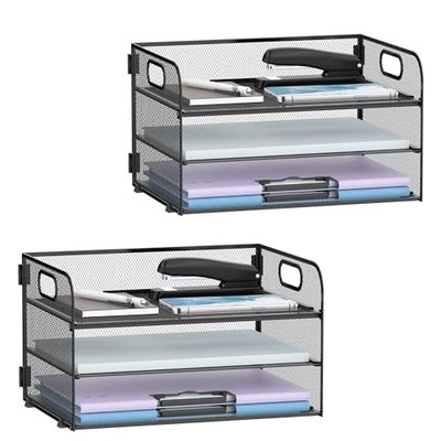 Supeasy 3 Tier Paper Organizer with Handle, Mesh Desk Organizer Letter Tray, Paper Tray File Organizer for A4 File Folder, Black, 2 Pack