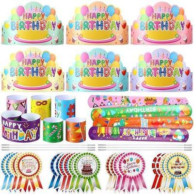 Yunsailing 108 Pcs Happy Birthday Party Supplies for Kids Include 36 Birthday Paper Crowns 36 Badge Stickers and Slap Bracelets for Classroom School Party Supply(Fresh Color)