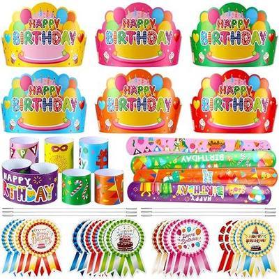 Yunsailing 108 Pcs Happy Birthday Party Supplies for Kids Include 36 Birthday Paper Crowns 36 Badge Stickers and Slap Bracelets for Classroom School Party Supply(Bright Color)