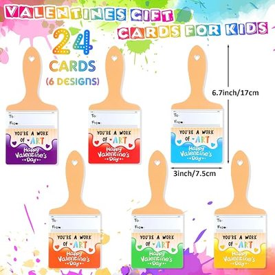 Skyygemm 24 Sets Valentines Day Gifts for Kids Valentines Cards Mini Painting Canvas Panel with Wooden Easel Watercolor Paints Brush Kit for School Classroom Exchange Gifts (Rainbow)