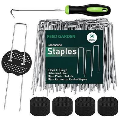 Landscape Staples 6 Inch 50 Pack Kit, Heavy Duty 11 Gauge Hot-Dip Galvanized Garden Stakes with 50 Gaskets & 1 Pick Hook for Weed Barrier, Landscape Fabric, Sod, Turf & Garden Edging