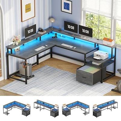 SEDETA L Shaped Desk, 66" Home Office Desk with File Drawer & Power Outlet, Gaming Desk with Led Lights, Corner Computer Desk with Monitor Shelf, Printer Storage Shelves, Two Person Desk, Grey