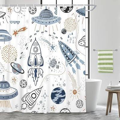 Drgilau Space Shower Curtain for Kids, Cartoon Planet Shower Curtains Cute Galaxy Bath Curtains for Children, Waterproof Galaxy Universe Kids Bathroom Sets Decor with 12 Hooks 72X72 Inch
