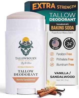 Tallow Deodorant - Baking Soda Formula - Vanilla Sandalwood - 3oz | Extra Strength Tallow Deodorant, Aluminum-Free, Grass-Fed Beef Tallow Stick Deodorant for Women & Men, Strong Odor Protection