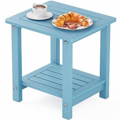 YEFU Outdoor Side Table for Patio, Weather Resistant HIPS, 2-Tier, Blue | 16" Small Square End Tables for Outside Waterproof - Adirondack Table for Pool Porch Deck Backyard Balcony, Indoor/Outdoor