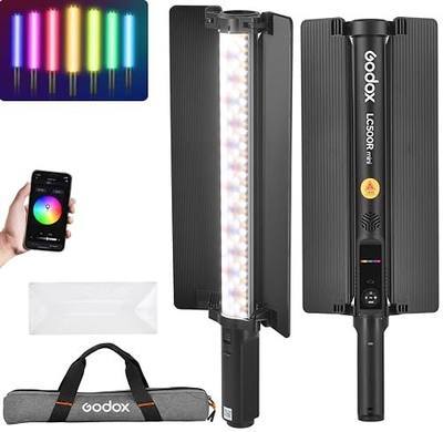 Godox LC500R Mini Handheld RGB Tube Light, 2500K-8500K RGB Stick Light with Barndoor&Soft Diffuseur, 20W 360°Full Color CRI 96+ 15 FX Effects LED Lighting Wand with APP Control