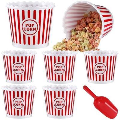 Roshtia 6 Pieces Plastic Popcorn Containers Reusable Buckets 75 oz Popcorn Boxes Bowl with Scoop Retro Style Red Plastic Scoop Set for Movie Theater Night(Stripe)