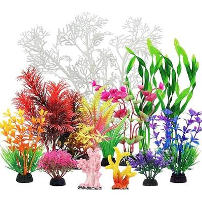 QUOZUO Aquarium Decorations Plants with Resin Coral, 12 pcs Fish Tank Accessories, Fish Tank Decorations Small Plants Plastic, Aquarium Decor Artificial Plant