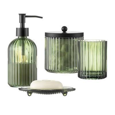 4PCs Heavy Weight Decent Glass Bathroom Accessories Set with Decorative Pressed Pattern - Includes Hand Soap Dispenser & Tumbler & Soap Dish & Toothbrush Holder (Green)